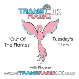 Picture has a white background and there is a drawn Phoenix in trans colours with it's winds spread. Text says: Out of The Flames with Phoenix. Tuesdays 11am