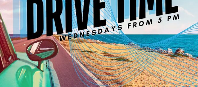 Picture if a car on an open road. Text says DJ Tourettes Drive Time, Wednesdays 5-6pm