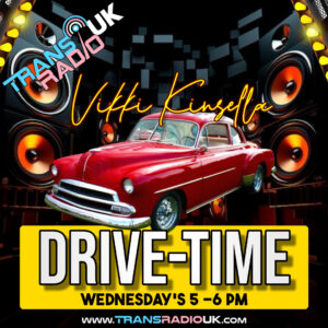 Picture is of a red car surrounded by speakers. Text says Vikki Kinsella's Drive Time Wednesdays 5-6pm