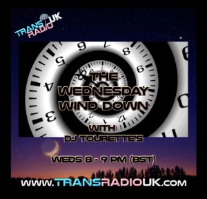 Picture is of a swirling clock face with a sunset in the background. Thext says The Wednesday Wind Down with DJ Tourettes 8-9pm