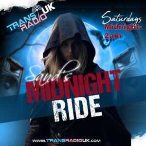 Picture has a night time background with a person standing in the middle wearing a cape with a hood over their face. Text says Sand's Midnight Ride, Saturdays midnight-2am