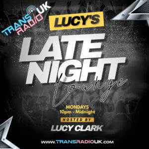 Picture has a grey background. Text says Lucy's Late Night Lounge, Mondays 10pm