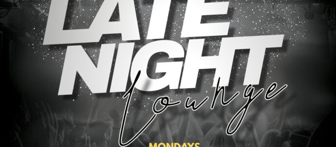 Picture has a grey background. Text says Lucy's Late Night Lounge, Mondays 10pm