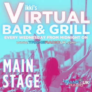 Picture is in pales blues and pink and shows people in a crowd in front of a stage. Text says Vikki's Virtual Bar and Grill Main Stage every Wednesday from midnight