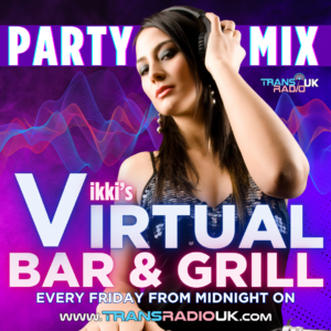 Picture background is purple and pinks with a person dancing holdinging their head. Text says Vikki's Vitrual Bar and Grill party mix every Friday at midnight