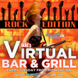 Picture is a person rocking on holding a guitar. Colours are oranges and yellows. Text says Vikki's Bar and Grill Rock Edition every Tuesday at midnight