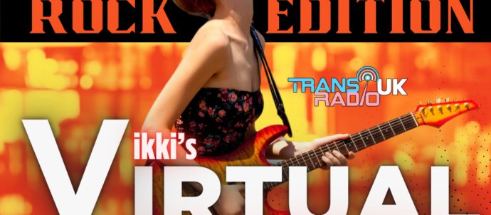 Picture is a person rocking on holding a guitar. Colours are oranges and yellows. Text says Vikki's Bar and Grill Rock Edition every Tuesday at midnight