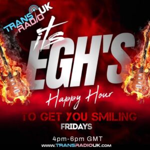 Picture is red and black background, Text says It's Eugh's Happy Hour