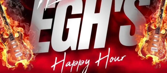 Picture is red and black background, Text says It's Eugh's Happy Hour