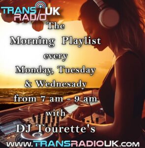 Picture is of a DJ spinning tunes while the sun rises. Text says, the Monring PLaylist with DJ Tourettes evry Monday, Tuesday and Wednesday 7-9am