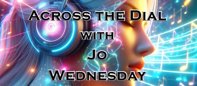 Background is of a person bathed in light wearing headphones. Text says "Across the Dial with Jo, Wednesday 10pm-midnight"