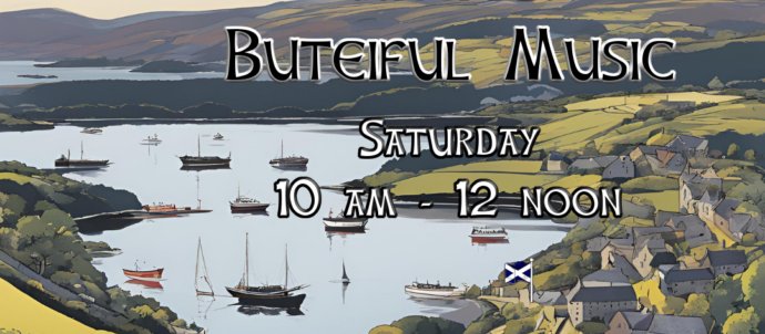 Picture is a view of the Scottish coastline. Text says "Angies Buteiful Music, Saturdays 10am-12pm, www.transradiouk.com"