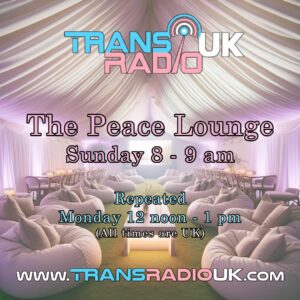 Picture is of an adorned tents with drapes and comfy cushions. Text says "The Peace Lounge, Sunday 8-9am, Monday midday-1pm UK times"