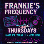 Background is dark showing a music cassette and vinyl record with a frequency signal sparking between them noth. Text says "Frankie's Frequency, Thursdays 6am PT/9am ET, 2pm UK"