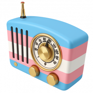 Two enthusiastic podcast hosts – a woman in denim overalls and a man in a striped top with headphones – express surprise and excitement, promoting Trans Radio UK’s lively content.