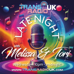 Picture is of a microphone radiating multicolored light. Text says "Late Night with Melissa & Tori"