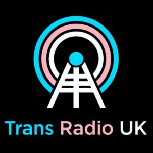 Trans Radio UK logo featuring stylised radio waves in pink, white, and blue with a transmission tower, representing transgender pride and LGBTQ+ radio.