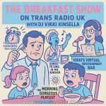 Images are cartoon showing various people doing various things like singing, eating breakfast etc. Text says The Breakfast Show with DJ Vikki Kinsell