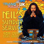 Promotional poster for "Neil's Sunday Service" on Trans Radio UK. It features a stylized illustration of a long-haired, bearded man in dark clothing sitting contemplatively on a wooden stool. The background resembles stained glass in vibrant orange, yellow, and blue tones. Text includes: "TRANS RADIO UK" at the top, "NEIL'S SUNDAY SERVICE" in bold yellow, "9AM–11AM EVERY SUNDAY" in yellow and light blue, and "WWW.TRANSRADIOUK.COM" at the bottom.